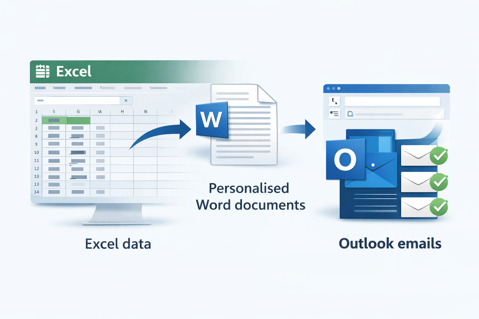 Excel data generating personalised Word documents and preparing Outlook emails with consistent attachments.
